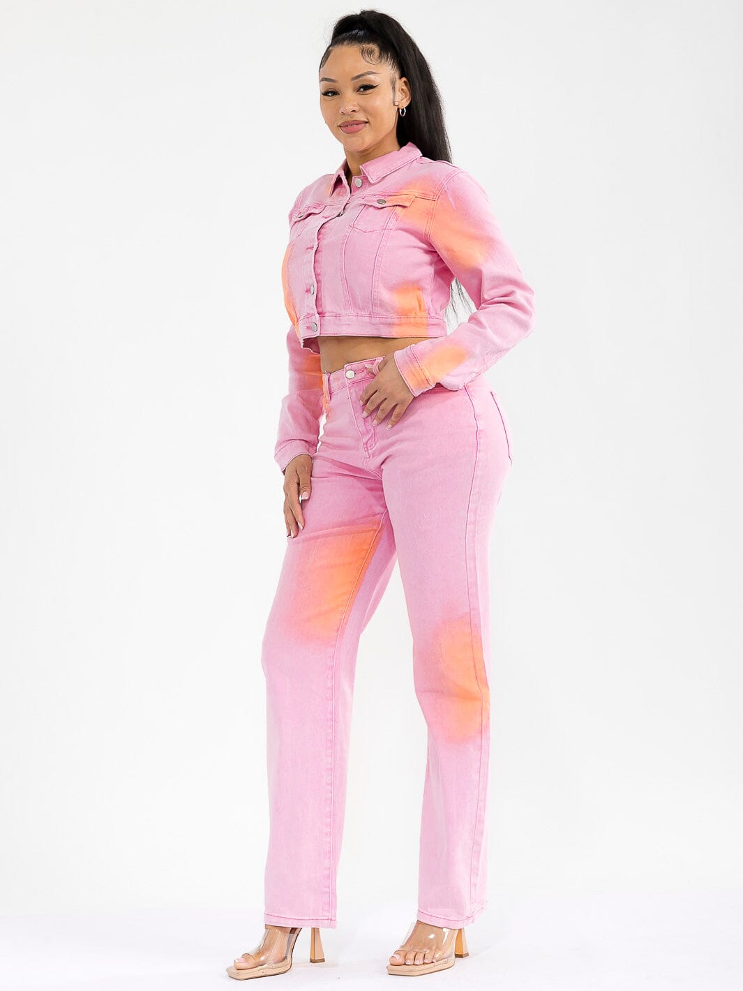 WOMEN'S LONG SLEEVE JACKET & BUTTON CLOSURE PANTS TIE DYE DENIM 2PC. SET