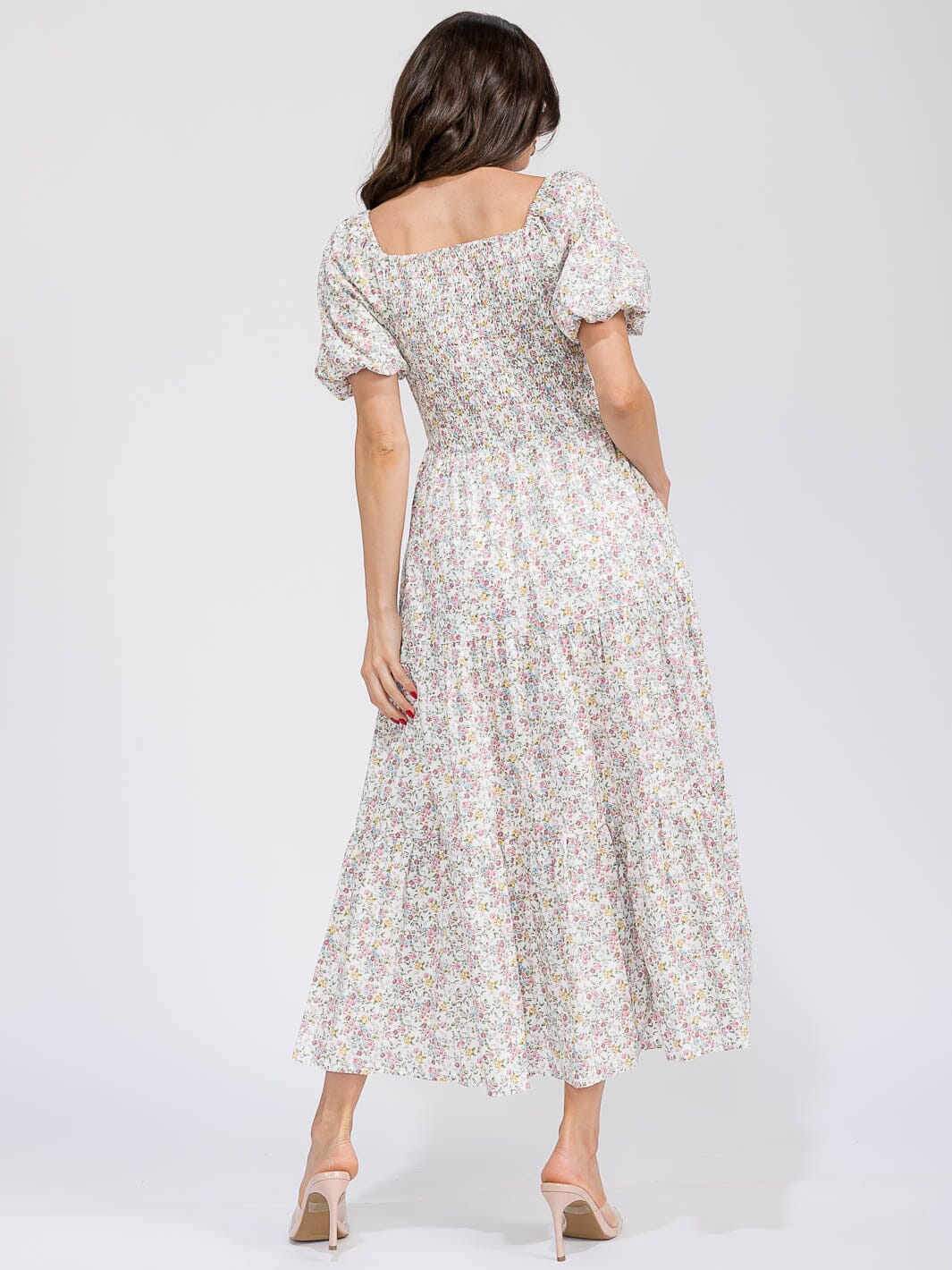 WOMEN'S SHORT SLEEVE SMOCK FRONT POCKETS TIERED FLORAL MAXI DRESS