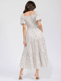 WOMEN'S SHORT SLEEVE SMOCK FRONT POCKETS TIERED FLORAL MAXI DRESS