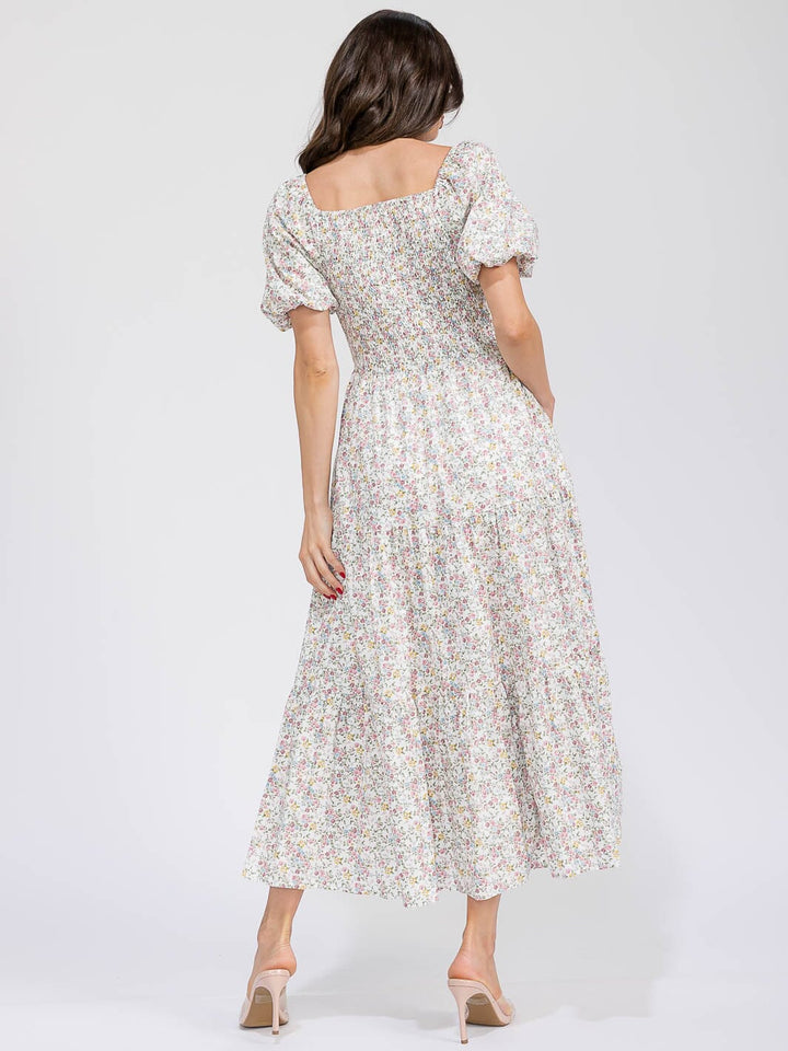 WOMEN'S SHORT SLEEVE SMOCK FRONT POCKETS TIERED FLORAL MAXI DRESS