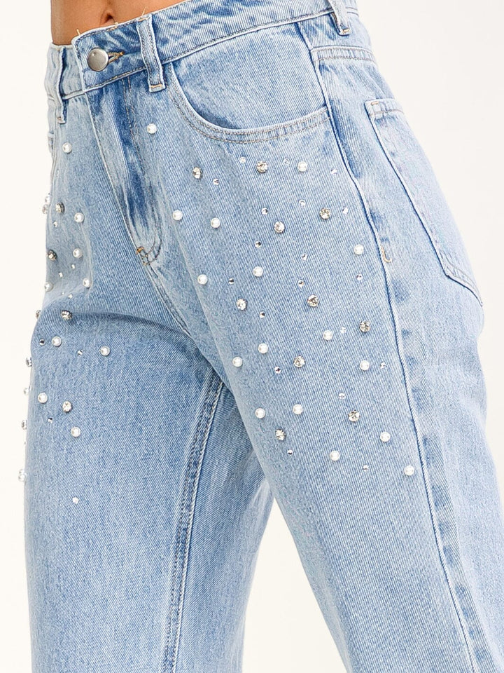 WOMEN'S BUTTON CLOSURE STUDS PEARL WIDE LEG DENIM PANTS