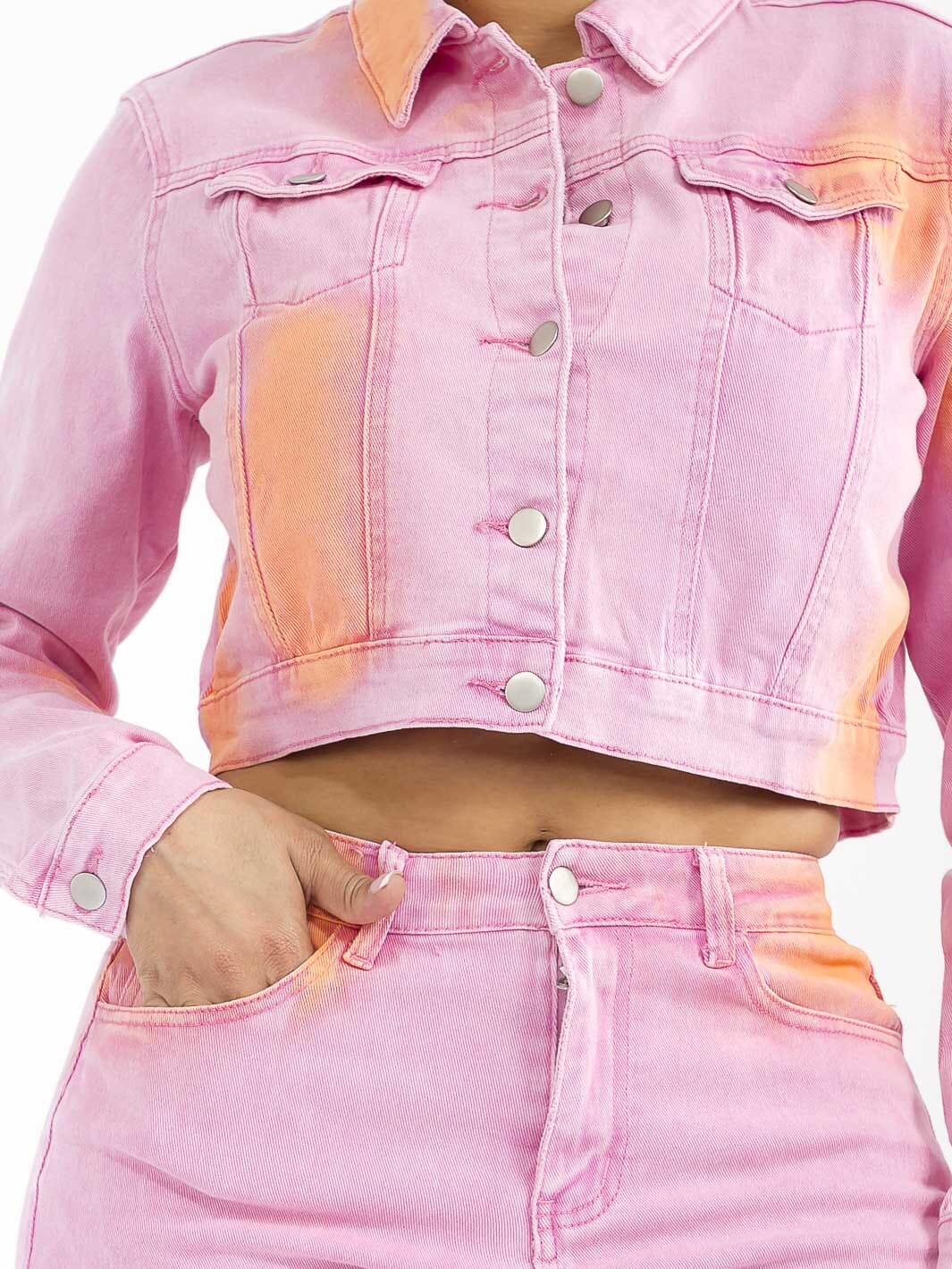 WOMEN'S LONG SLEEVE BUTTON CLOSURE TIE DYE STRETCH DENIM JACKET