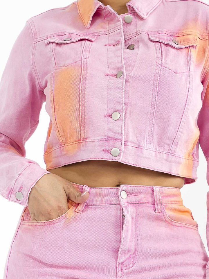 WOMEN'S LONG SLEEVE BUTTON CLOSURE TIE DYE STRETCH DENIM JACKET