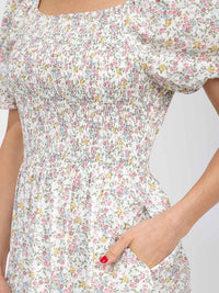 WOMEN'S SHORT SLEEVE SMOCK FRONT POCKETS TIERED FLORAL MAXI DRESS