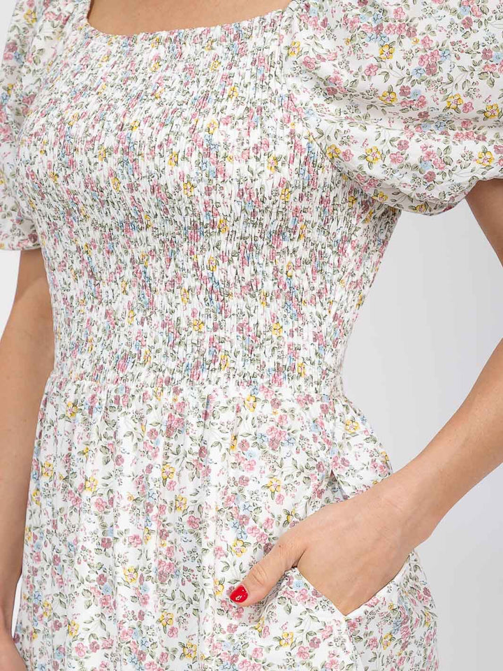 WOMEN'S SHORT SLEEVE SMOCK FRONT POCKETS TIERED FLORAL MAXI DRESS