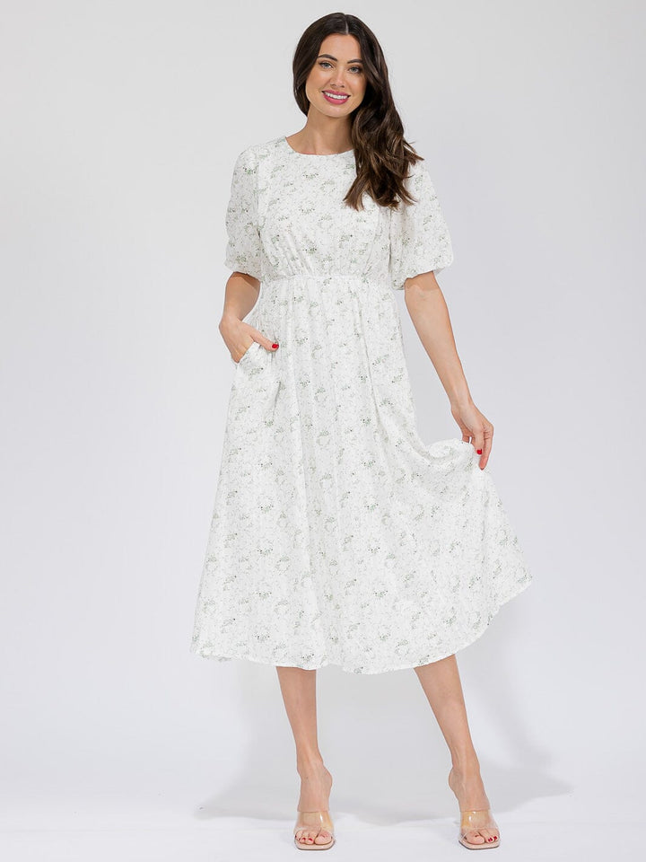 WOMEN'S SHORT SLEEVE ELASTIC WAIST FRONT POCKET FLORAL MAXI DRESS