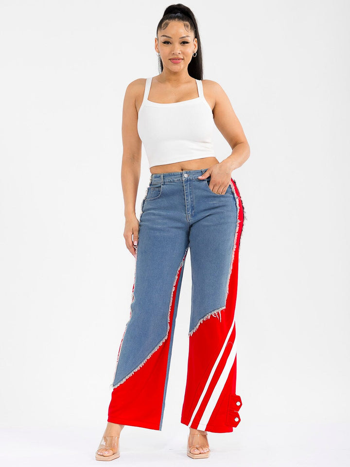 WOMEN'S BUTTON CLOSURE POCKETS WIDE LEG DENIM CONTRAST PANTS