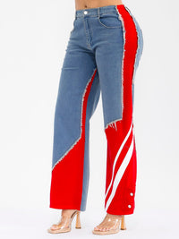 WOMEN'S BUTTON CLOSURE POCKETS WIDE LEG DENIM CONTRAST PANTS