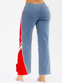 WOMEN'S BUTTON CLOSURE POCKETS WIDE LEG DENIM CONTRAST PANTS