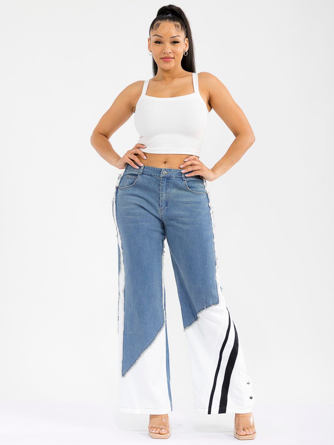 WOMEN'S BUTTON CLOSURE POCKETS WIDE LEG DENIM CONTRAST PANTS