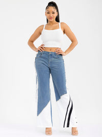 WOMEN'S BUTTON CLOSURE POCKETS WIDE LEG DENIM CONTRAST PANTS