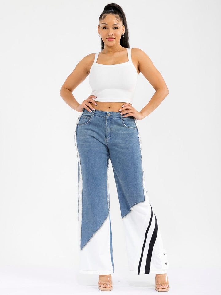 WOMEN'S BUTTON CLOSURE POCKETS WIDE LEG DENIM CONTRAST PANTS