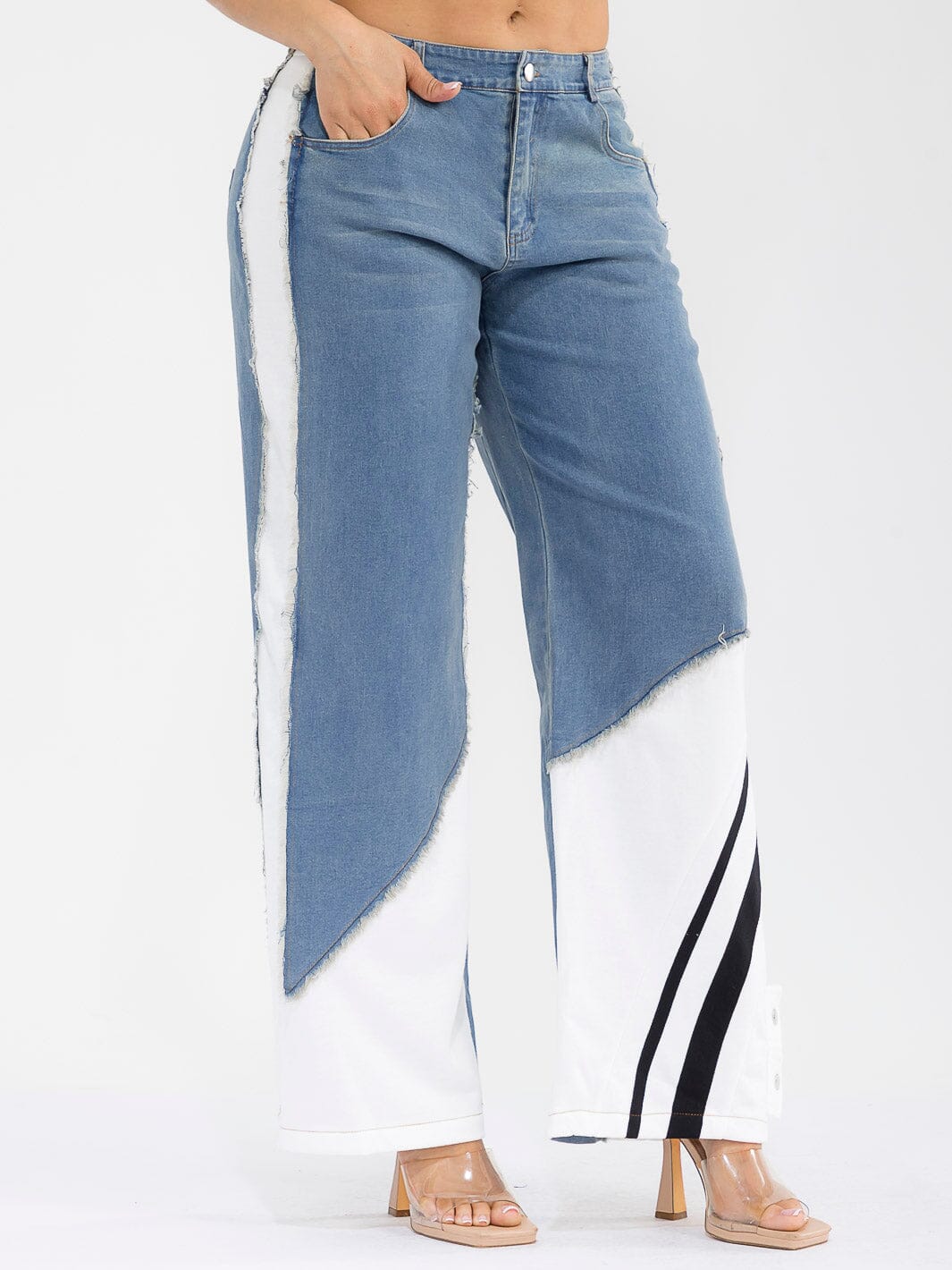 WOMEN'S BUTTON CLOSURE POCKETS WIDE LEG DENIM CONTRAST PANTS
