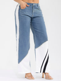 WOMEN'S BUTTON CLOSURE POCKETS WIDE LEG DENIM CONTRAST PANTS