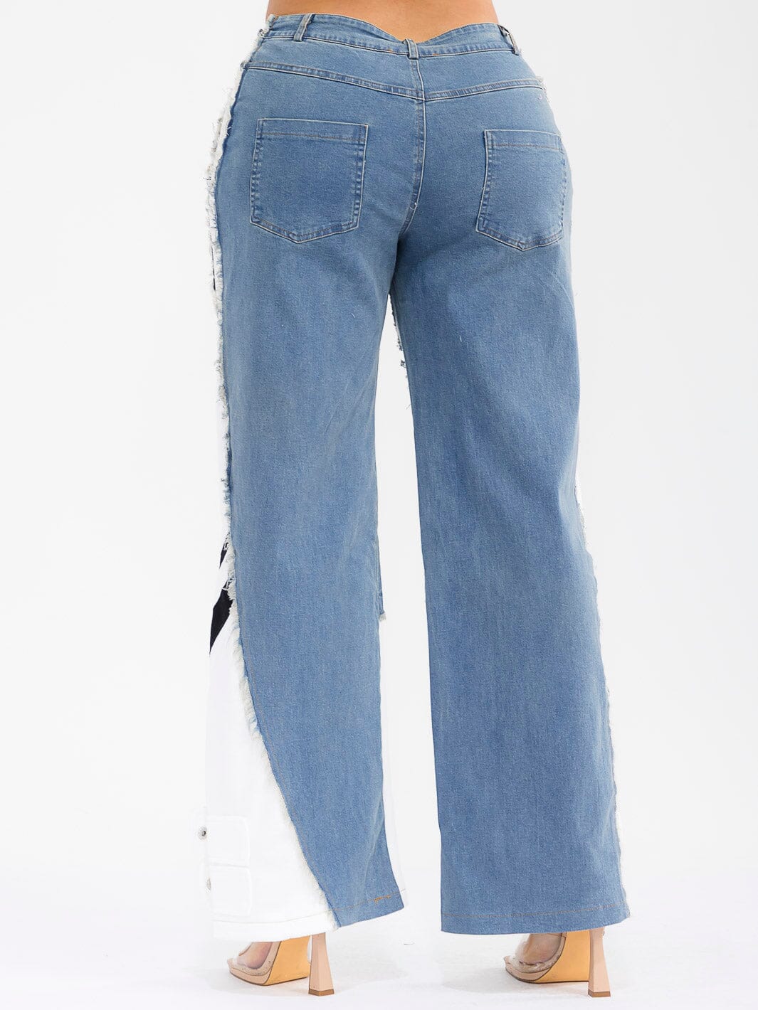 WOMEN'S BUTTON CLOSURE POCKETS WIDE LEG DENIM CONTRAST PANTS