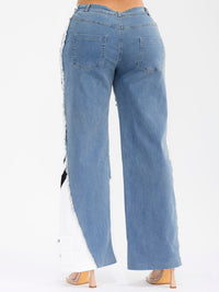 WOMEN'S BUTTON CLOSURE POCKETS WIDE LEG DENIM CONTRAST PANTS