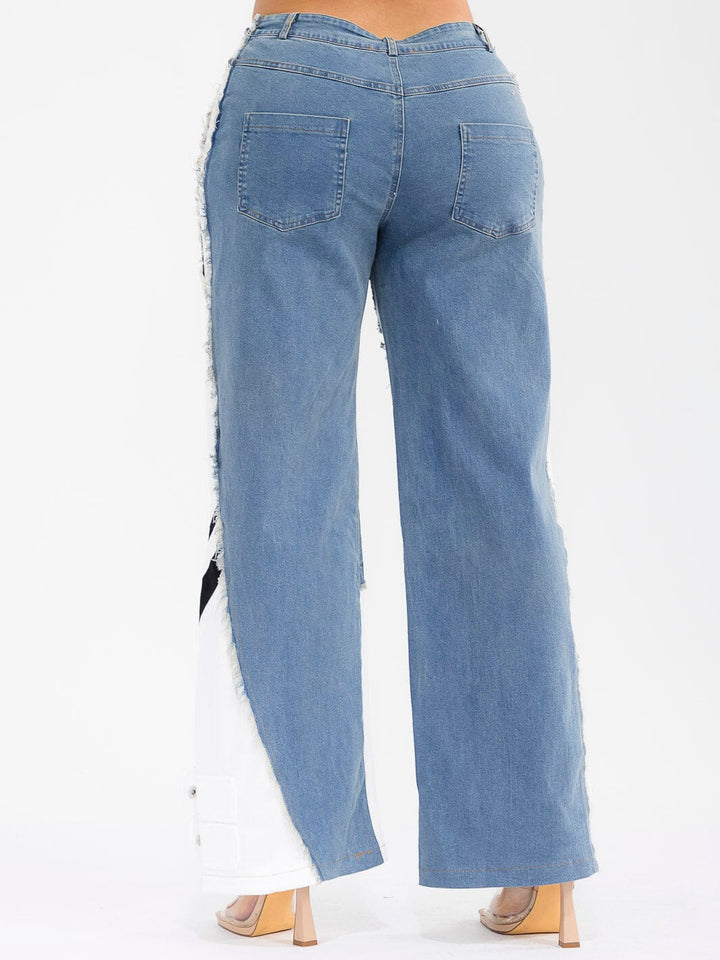 WOMEN'S BUTTON CLOSURE POCKETS WIDE LEG DENIM CONTRAST PANTS