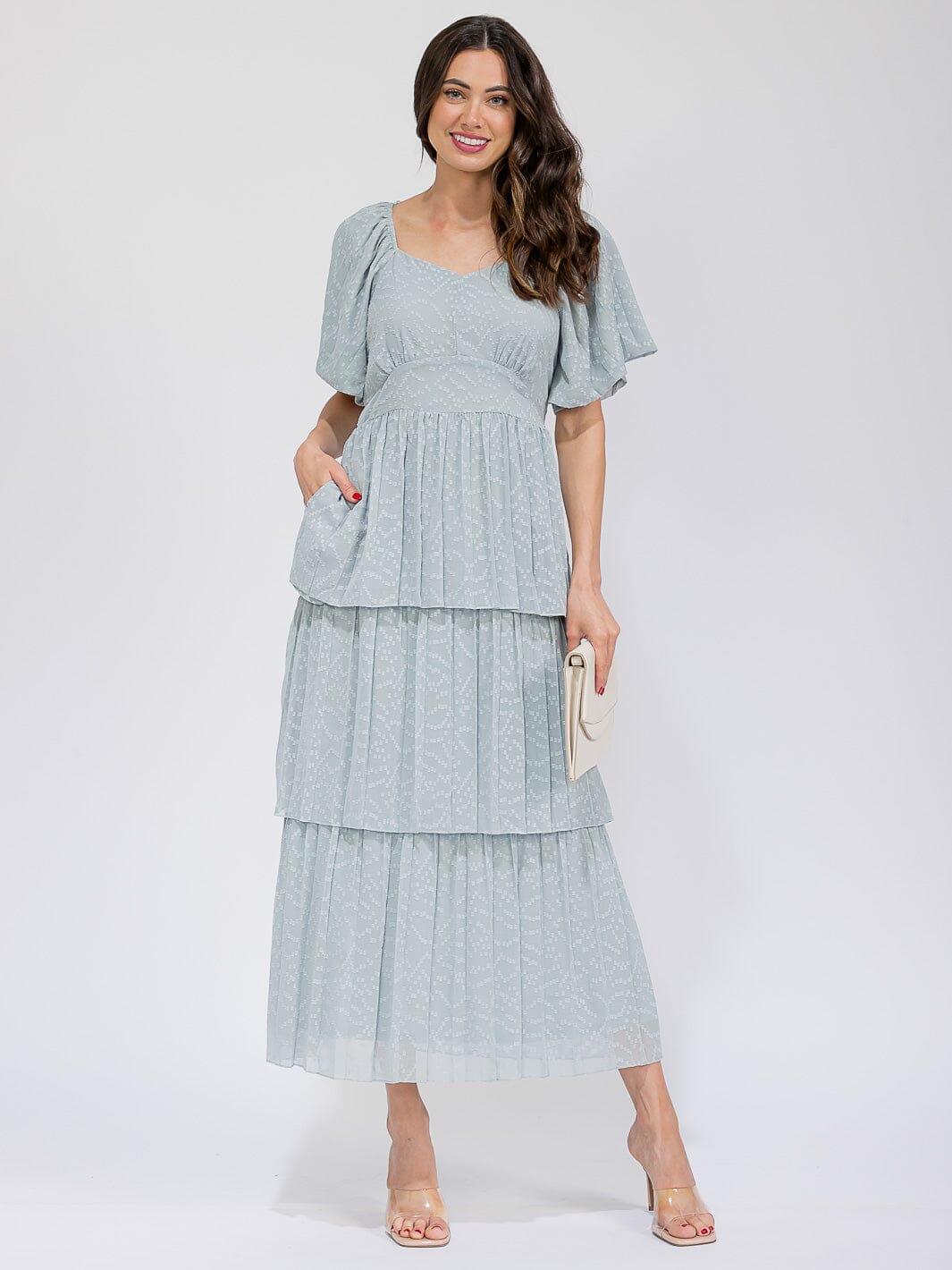 WOMEN'S SHORT SLEEVE V-NECK SWISS RUFFLE TIERED MAXI DRESS
