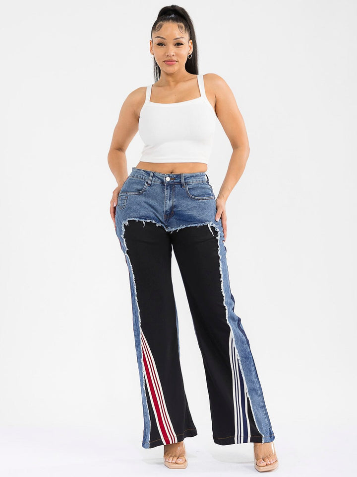 WOMEN'S BUTTON CLOSURE POCKETS WIDE LEG DENIM CONTRAST PANTS