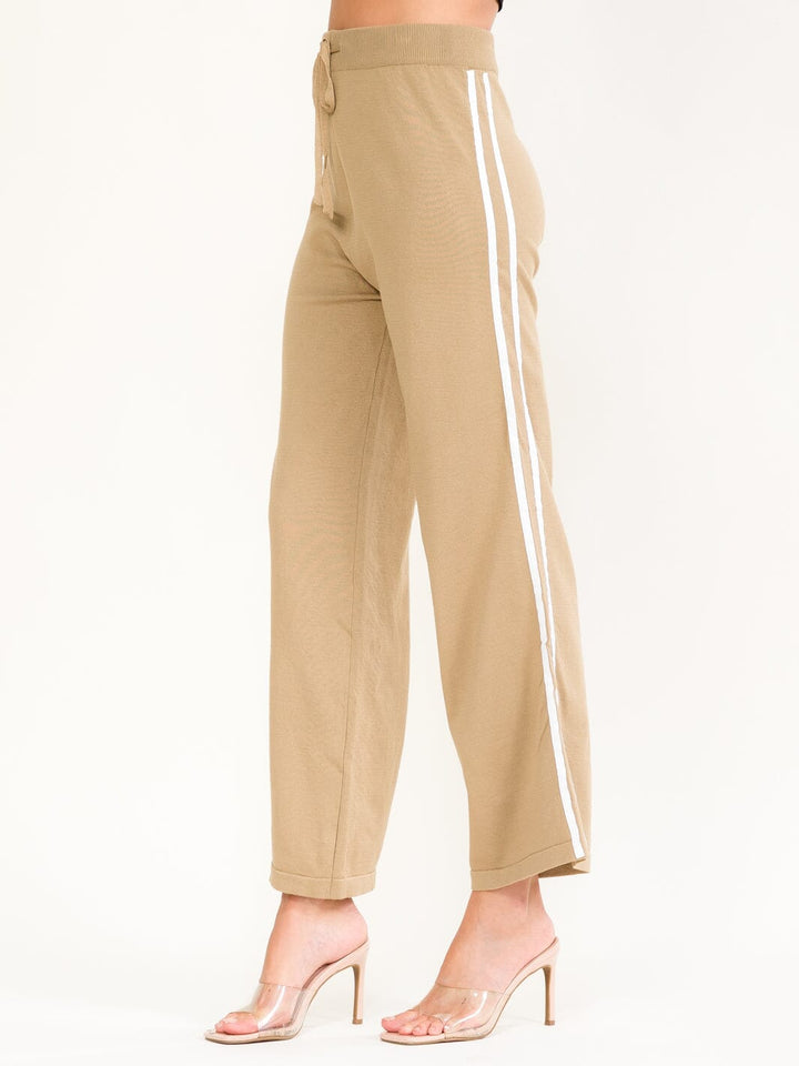 WOMEN'S ELASTIC WAIST SIDE STRIPES KNIT WIDE LEG PANTS