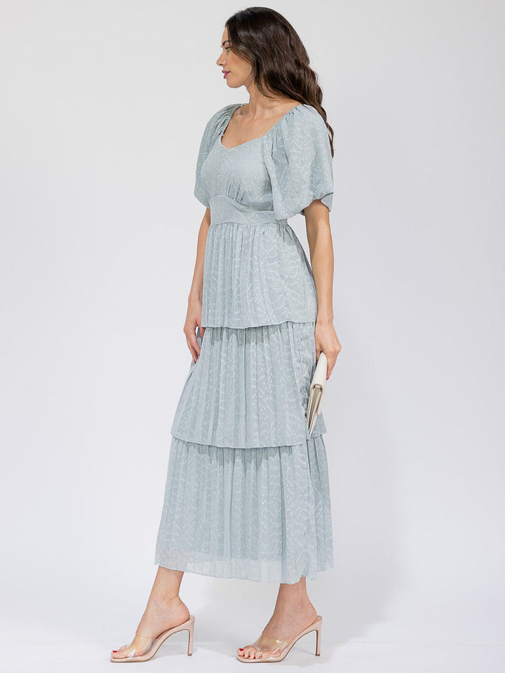 WOMEN'S SHORT SLEEVE V-NECK SWISS RUFFLE TIERED MAXI DRESS