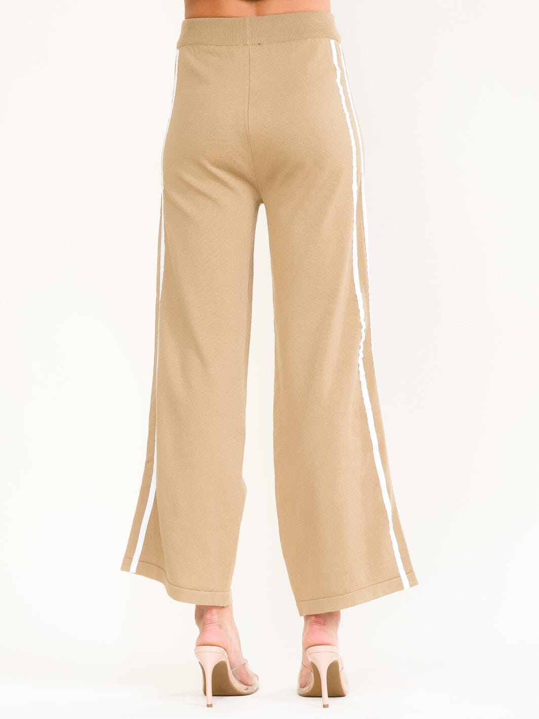 WOMEN'S ELASTIC WAIST SIDE STRIPES KNIT WIDE LEG PANTS