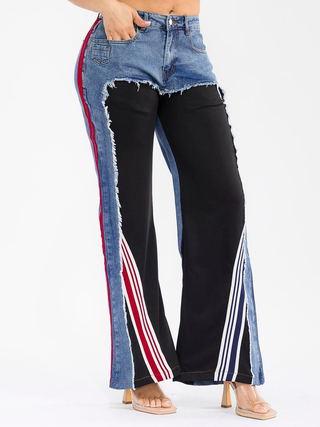 WOMEN'S BUTTON CLOSURE POCKETS WIDE LEG DENIM CONTRAST PANTS