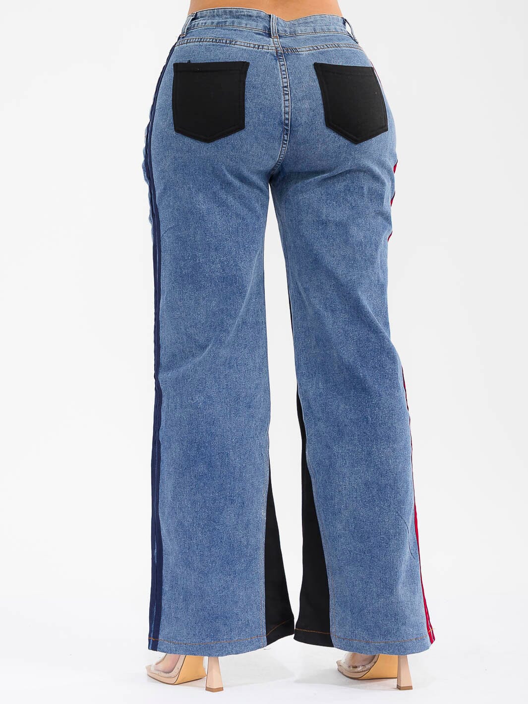 WOMEN'S BUTTON CLOSURE POCKETS WIDE LEG DENIM CONTRAST PANTS