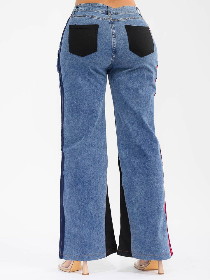 WOMEN'S BUTTON CLOSURE POCKETS WIDE LEG DENIM CONTRAST PANTS
