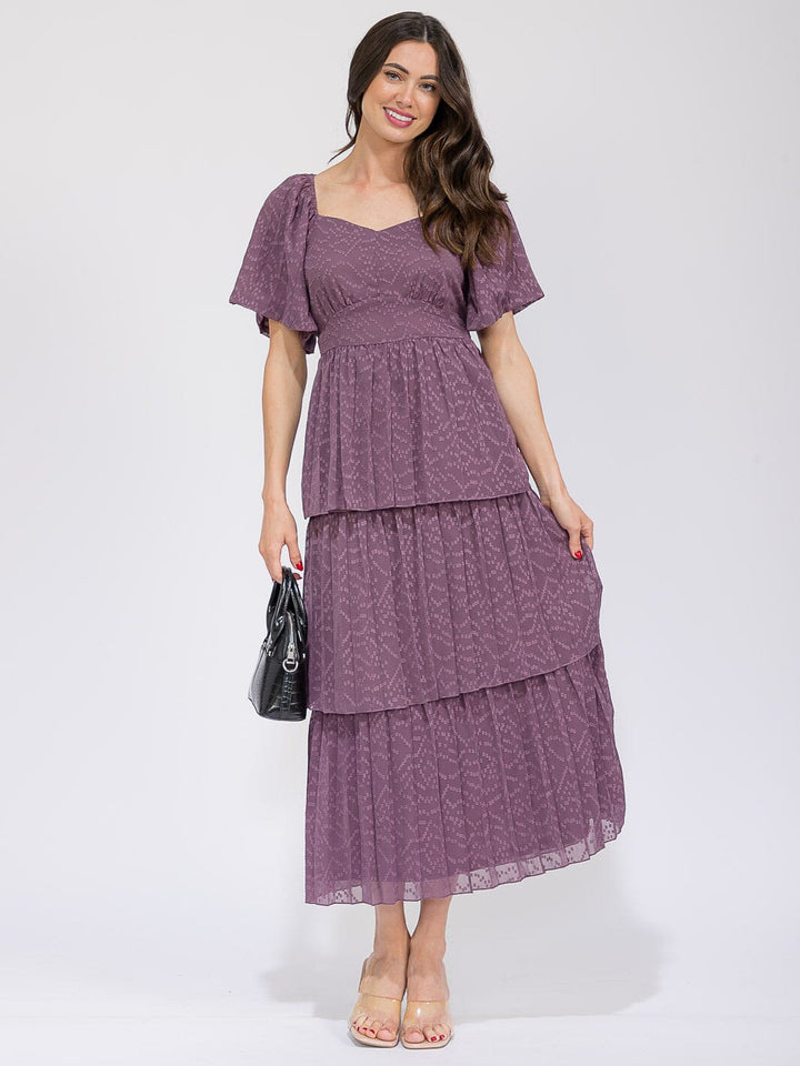 WOMEN'S SHORT SLEEVE V-NECK SWISS RUFFLE TIERED MAXI DRESS