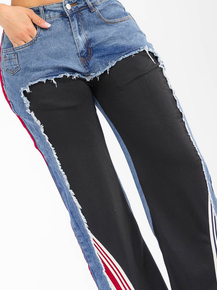 WOMEN'S BUTTON CLOSURE POCKETS WIDE LEG DENIM CONTRAST PANTS