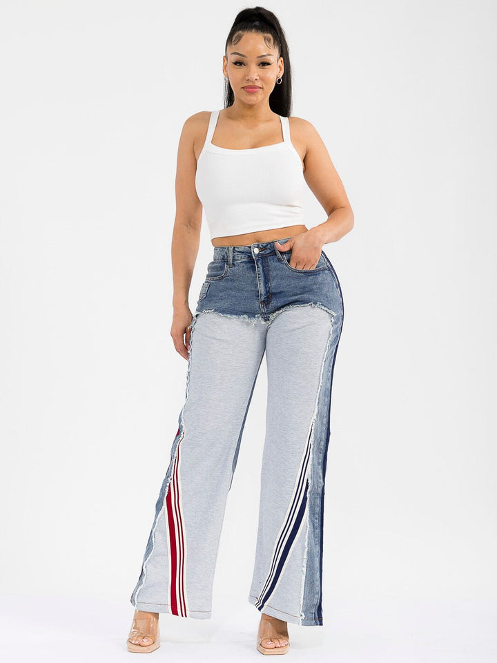 WOMEN'S BUTTON CLOSURE POCKETS WIDE LEG DENIM CONTRAST PANTS