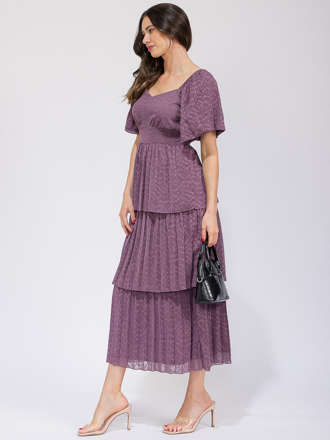 WOMEN'S SHORT SLEEVE V-NECK SWISS RUFFLE TIERED MAXI DRESS