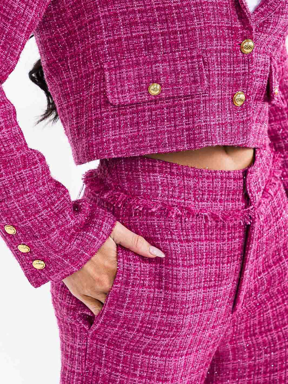 WOMEN'S BUTTON CLOSURE POCKETS WIDE LEG TWEED PANTS