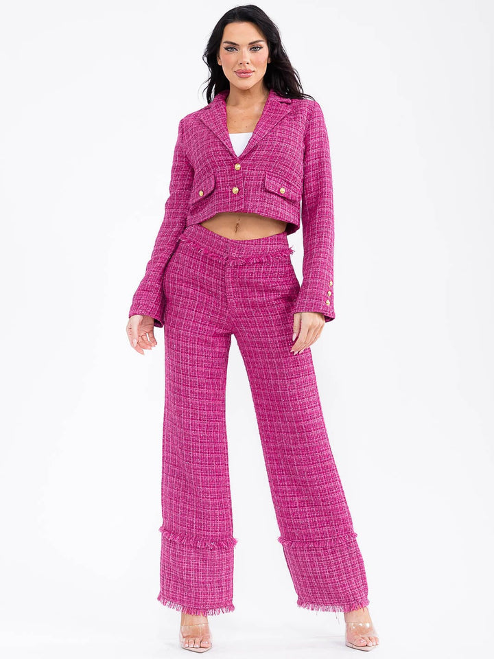 WOMEN'S LONG SLEEVE BUTTON CLOSURE TWEED BLAZER