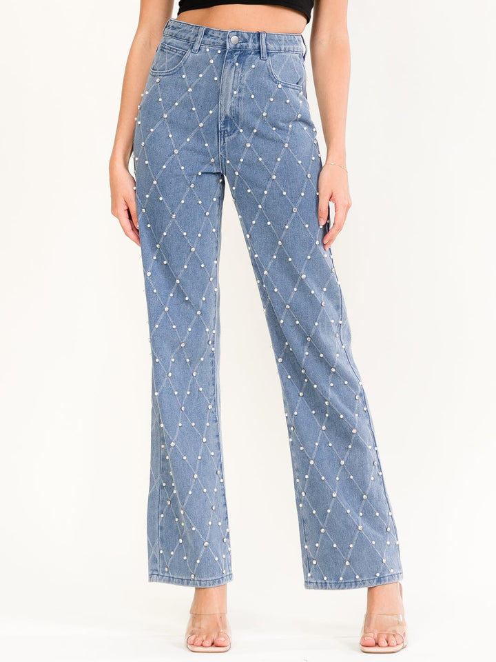 WOMEN'S BUTTON CLOSURE STONES PEARL WIDE LEG DENIM PANTS