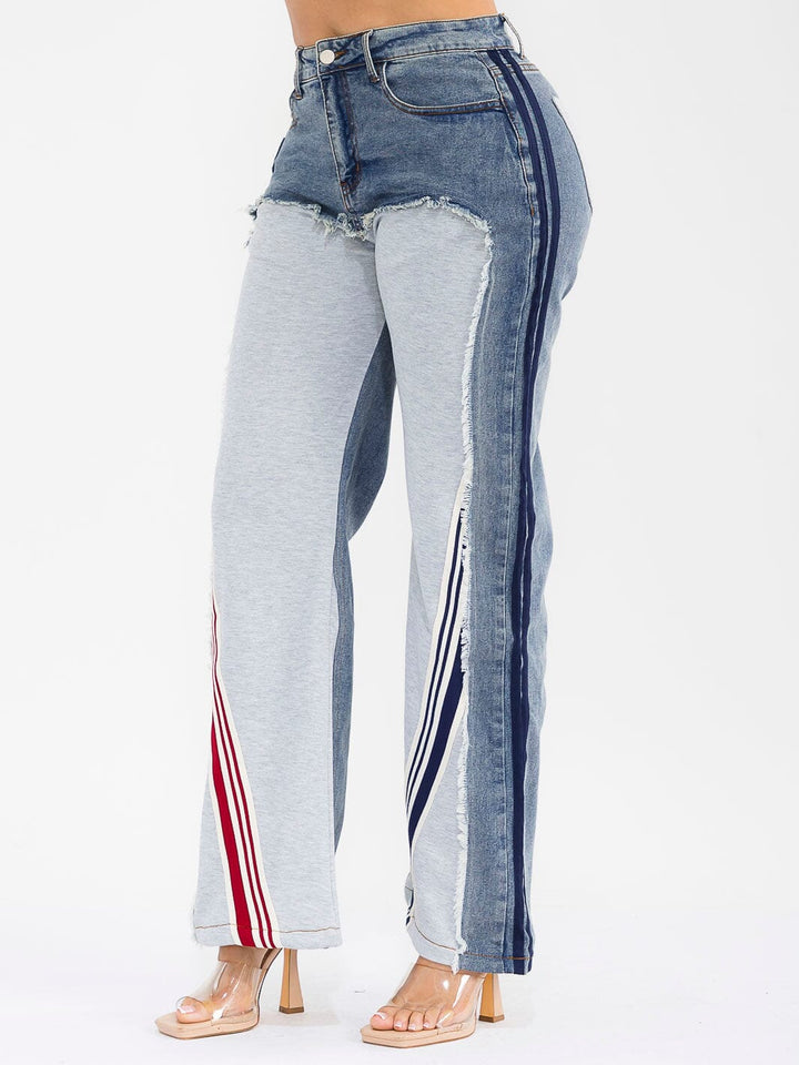 WOMEN'S BUTTON CLOSURE POCKETS WIDE LEG DENIM CONTRAST PANTS