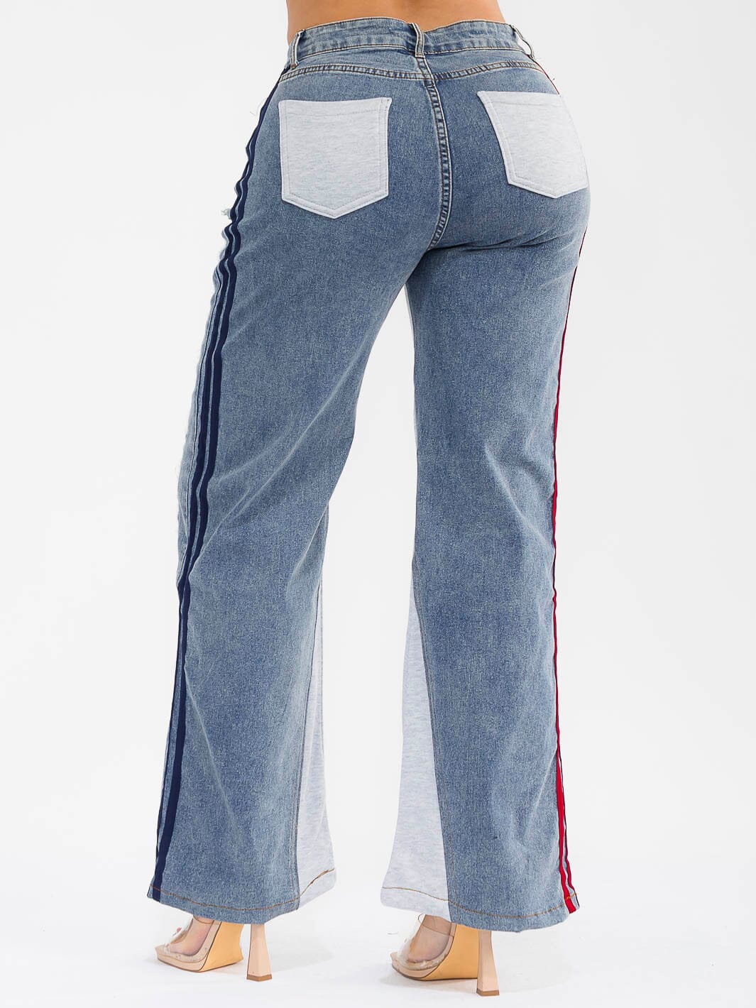 WOMEN'S BUTTON CLOSURE POCKETS WIDE LEG DENIM CONTRAST PANTS