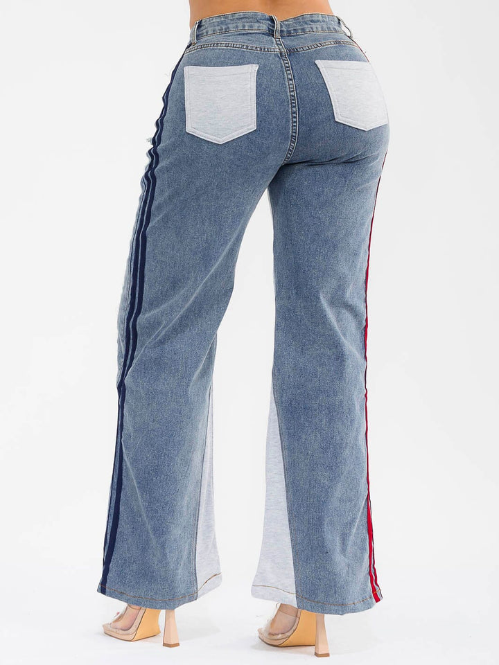 WOMEN'S BUTTON CLOSURE POCKETS WIDE LEG DENIM CONTRAST PANTS