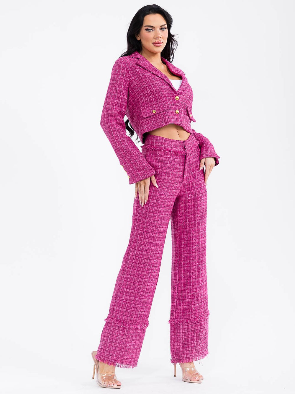 WOMEN'S BUTTON CLOSURE POCKETS WIDE LEG TWEED PANTS