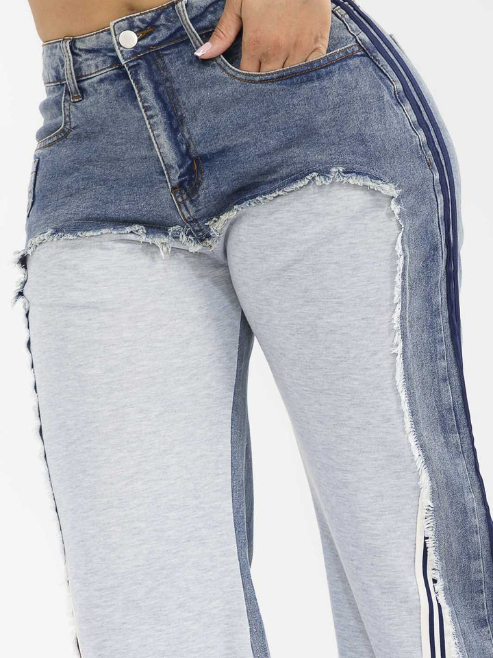 WOMEN'S BUTTON CLOSURE POCKETS WIDE LEG DENIM CONTRAST PANTS