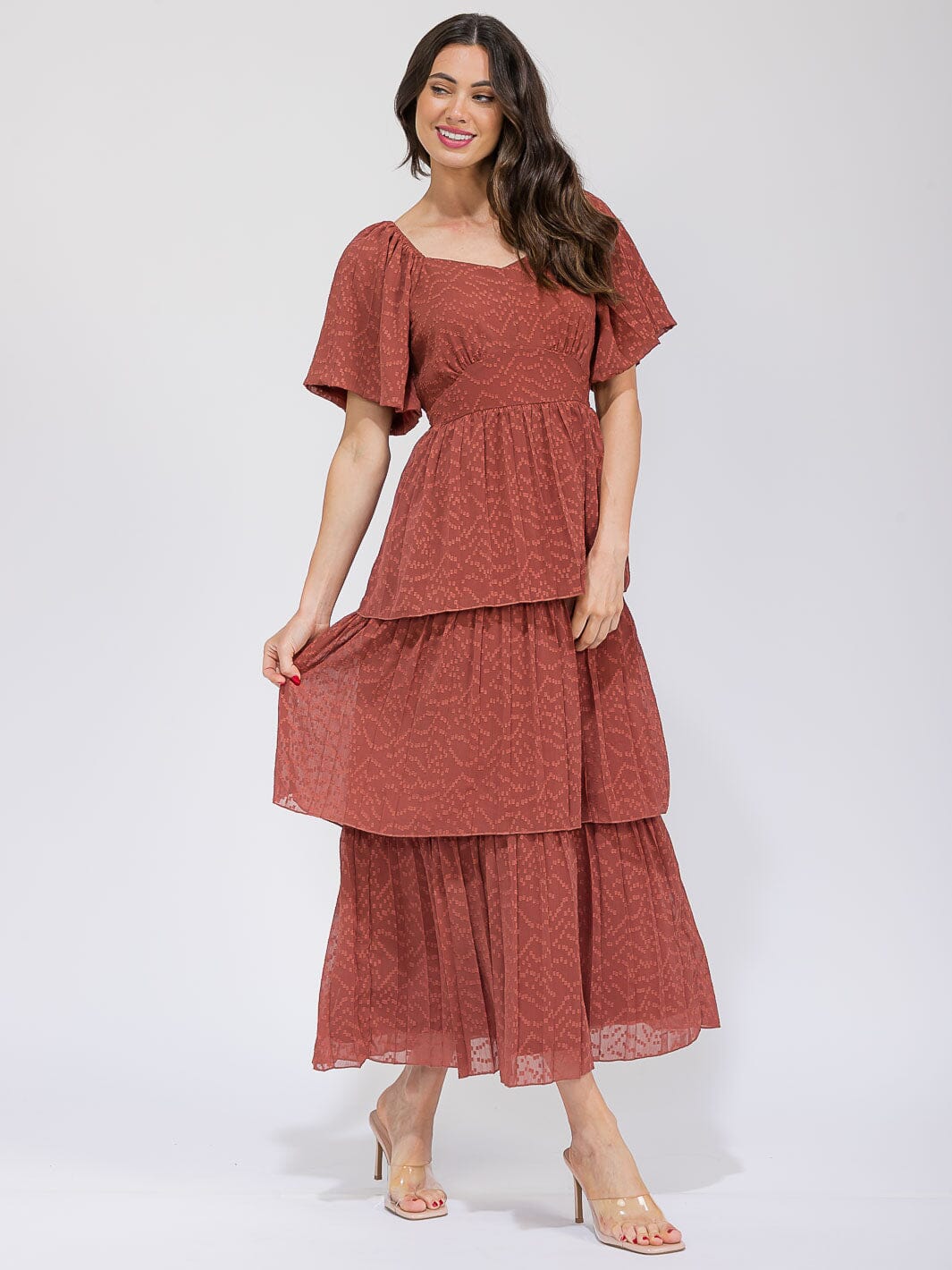 WOMEN'S SHORT SLEEVE V-NECK SWISS RUFFLE TIERED MAXI DRESS