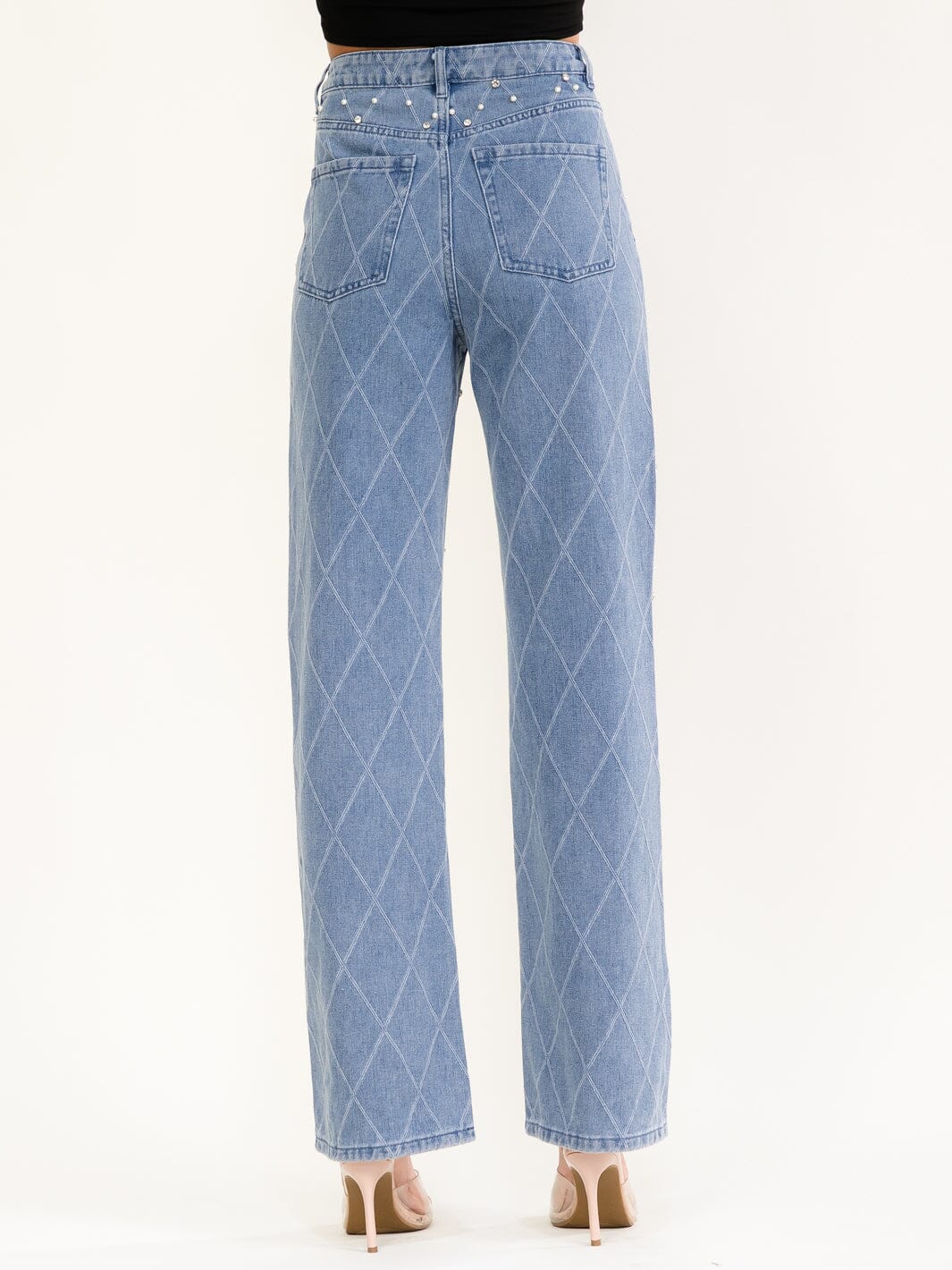 WOMEN'S BUTTON CLOSURE STONES PEARL WIDE LEG DENIM PANTS