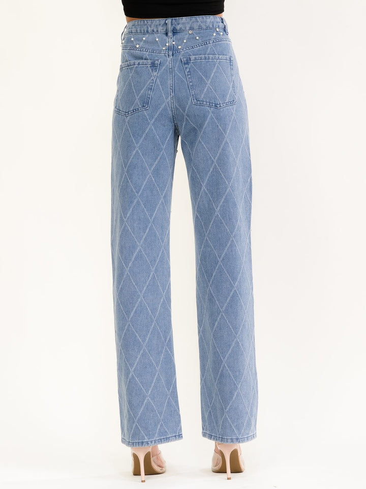 WOMEN'S BUTTON CLOSURE STONES PEARL WIDE LEG DENIM PANTS