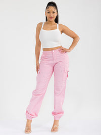 WOMEN'S BUTTON CLOSURE CARGO POCKETS STUDS DETAILED JOGGER PANTS