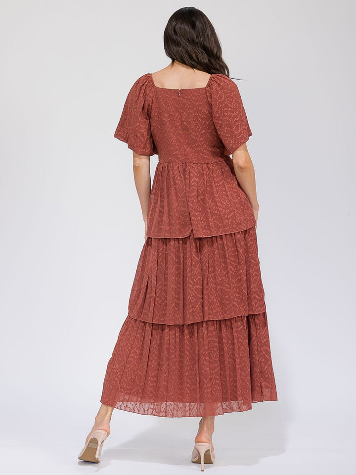 WOMEN'S SHORT SLEEVE V-NECK SWISS RUFFLE TIERED MAXI DRESS