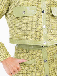 WOMEN'S LONG SLEEVE FRONT POCKETS BUTTON CLOSURE PU PLEATHER TWEED BLAZER