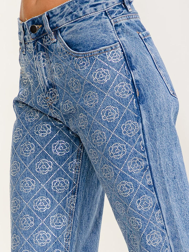 WOMEN'S BUTTON CLOSURE STUDS FLOWERS WIDE LEG DENIM PANTS