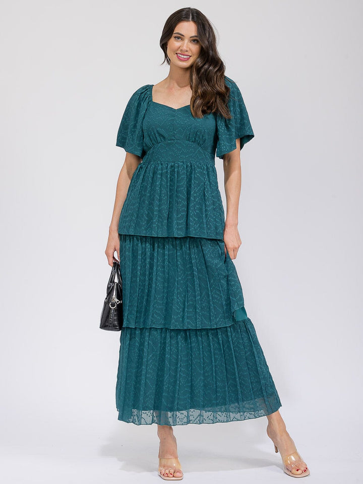 WOMEN'S SHORT SLEEVE V-NECK SWISS RUFFLE TIERED MAXI DRESS