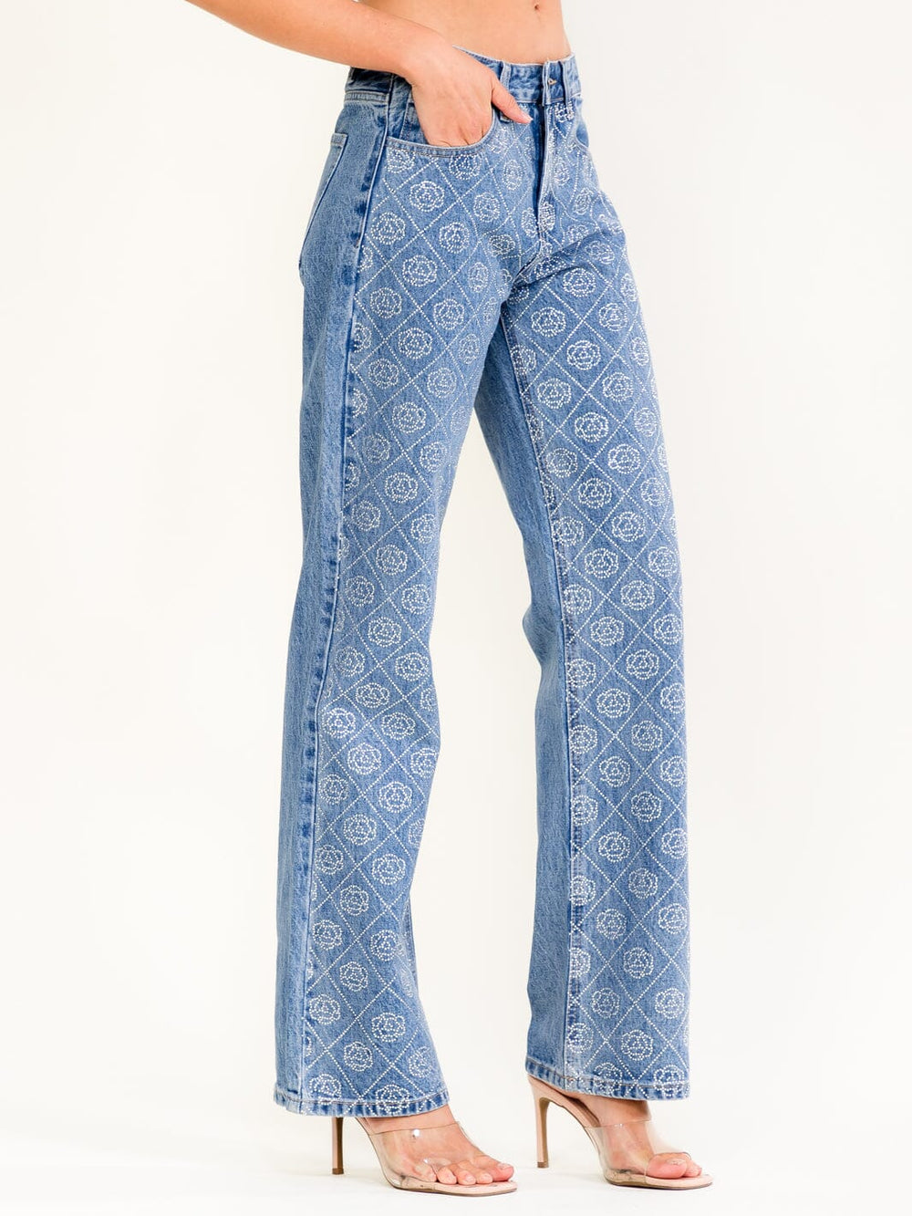 WOMEN'S BUTTON CLOSURE STUDS FLOWERS WIDE LEG DENIM PANTS